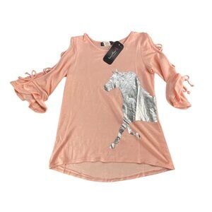 Love Alexa Girls Top Size M Unicorn Print Top Pink Ruffled Tie Sleeves Rayon Ble